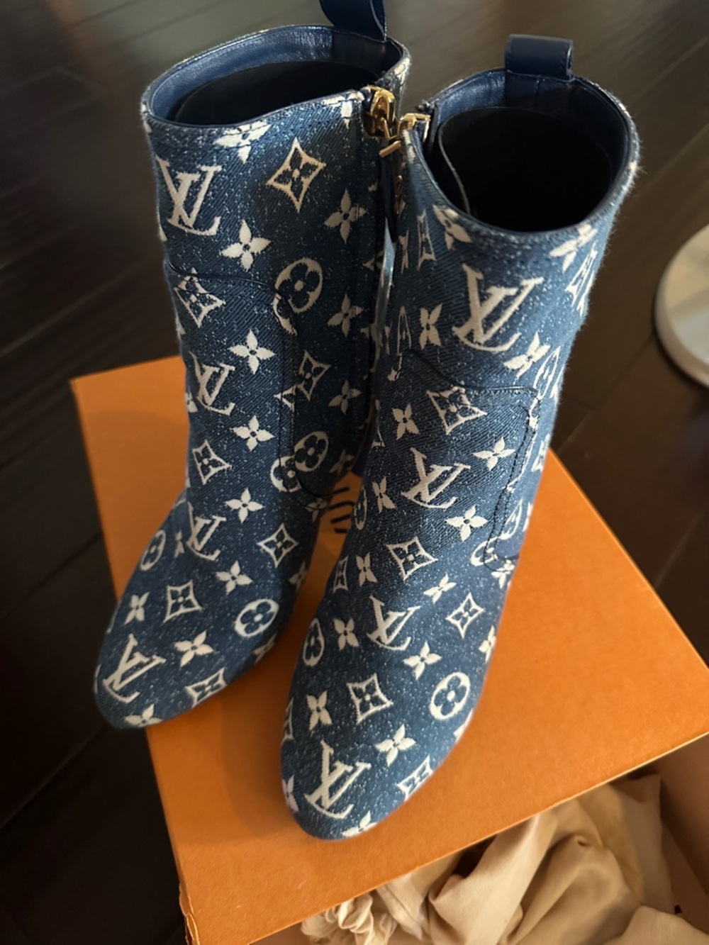 Louis Vuitton Denim Monogram Ankle Boots in Blue & White
